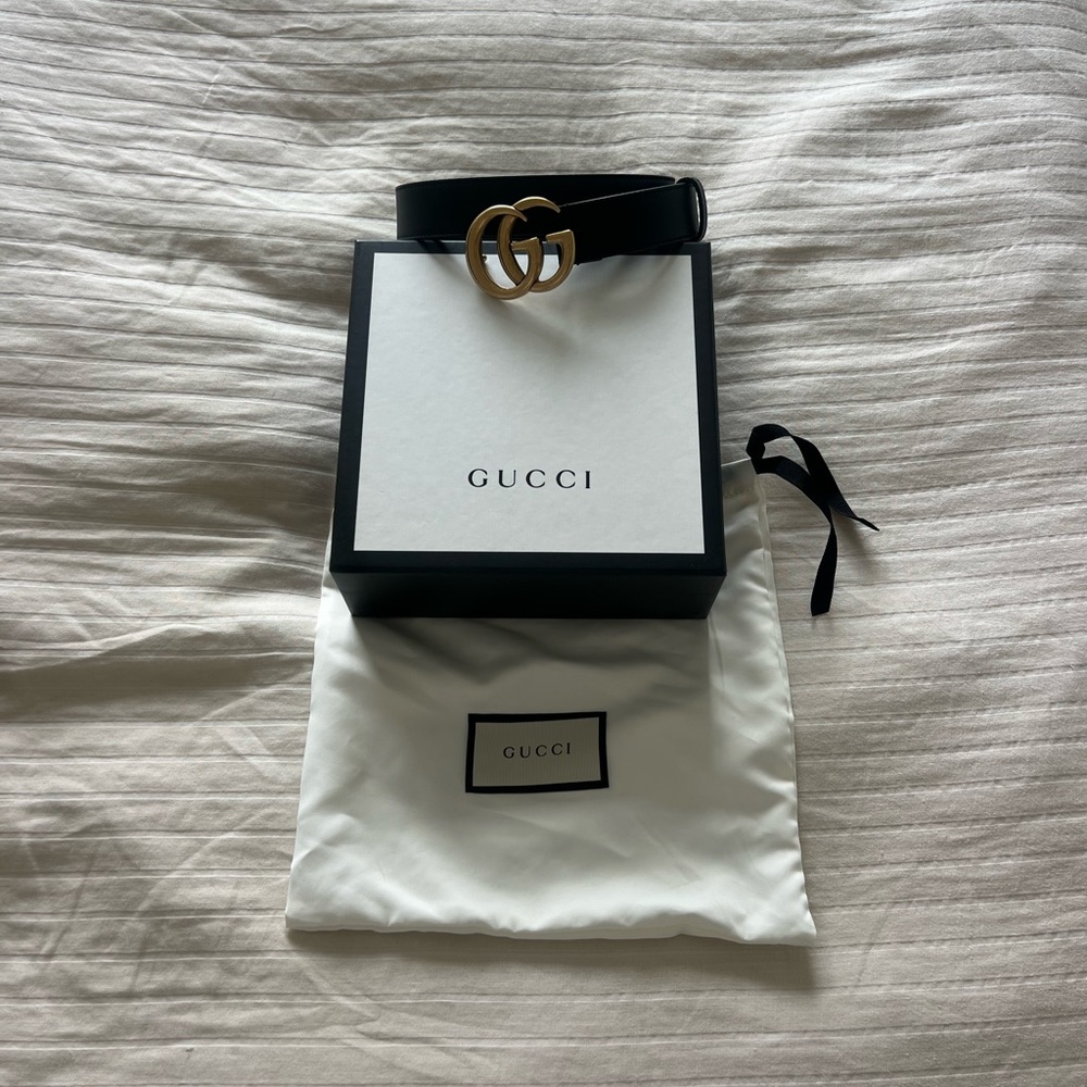 Gucci GG Marmont Black Leather Belt with Gold Buckle